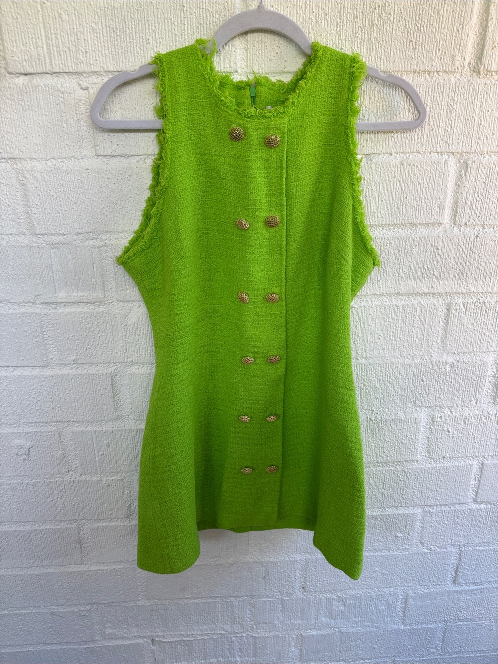 Zara Weaved Tweed Green Sleeveless Gold Double-Button Mini Dress sz L - Picture 4 of 8
